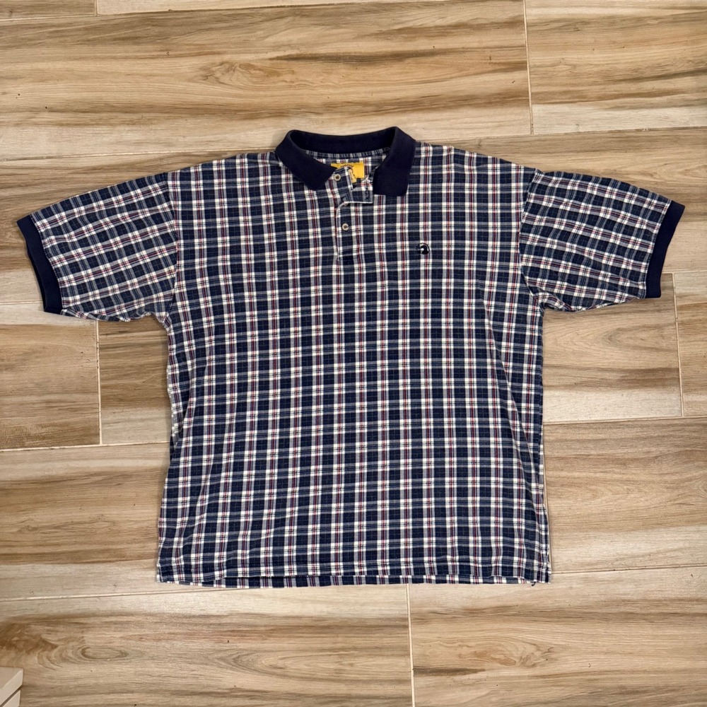 Duck Head Mens XL Plaid Polo Shirt Short Sleeve Navy Blue White Cotton Vintage